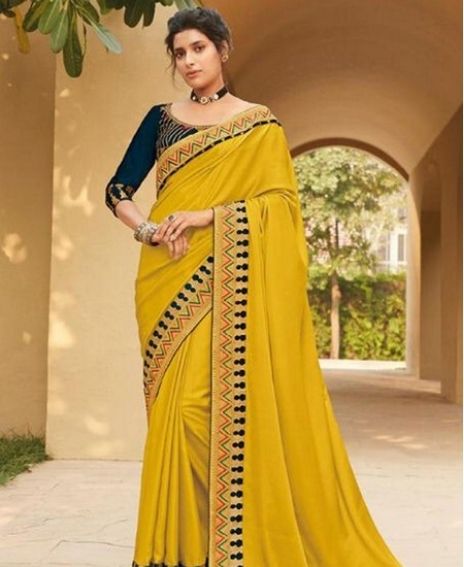 Yellow Fancy Wedding Wear Designer Border Work Saree