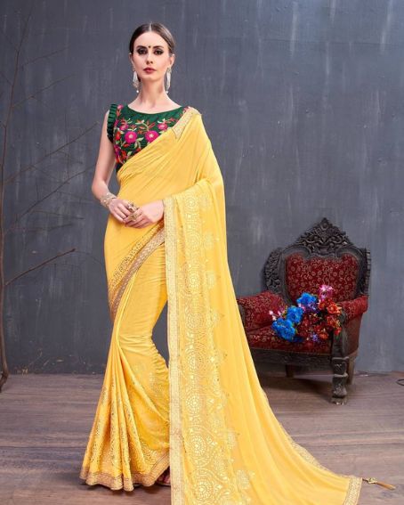 Yellow Georgette Saree with Green Embroidery Blouse
