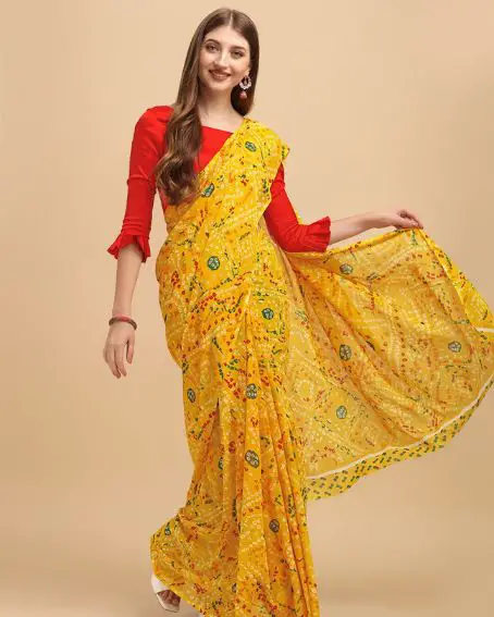 Yellow & Green Floral Printed Saree