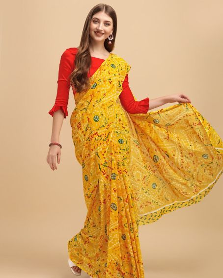 Yellow & Green Floral Printed Saree