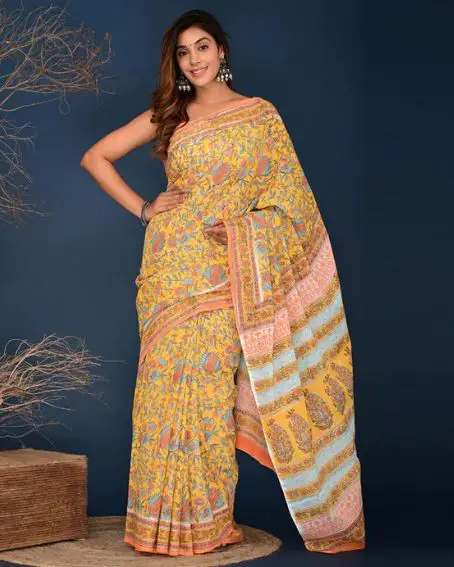 Yellow Multicolor Pallu Hand Block Printed Cotton Saree