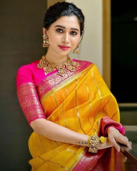 Yellow Pink Combination Saree For Bride