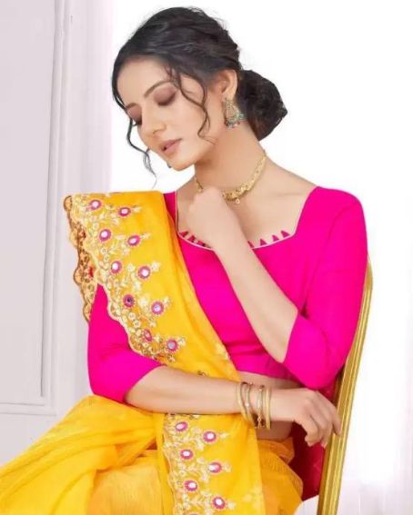 Yellow Pink Embroidered Bollywood Silk Blend Saree