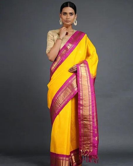 Yellow-Pink Gadwal Silk Saree with Zari