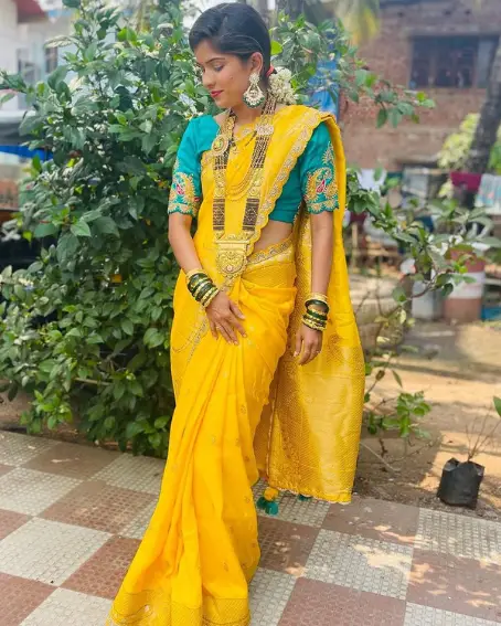 Yellow Plain Saree with Pacific Blue Blouse