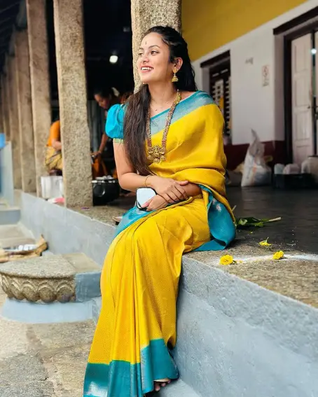 Yellow Plain Saree with Puff Blouse