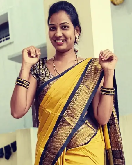 Yellow Saree with Navy Blue Benarasi Blouse