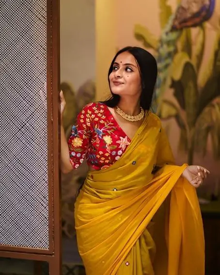 Yellow Saree with Red Floral Work Blouse