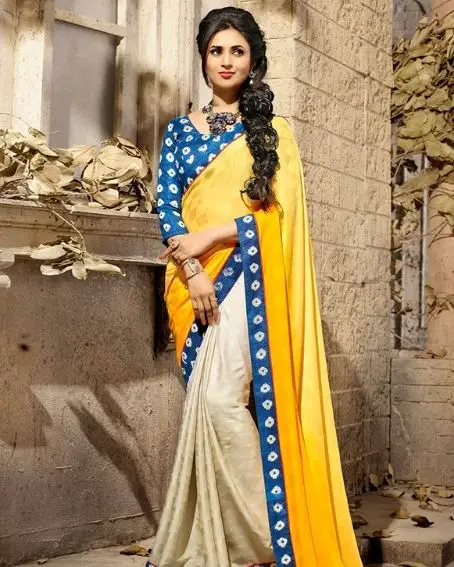 Yellow Self Print Half & Half Saree With Blouse