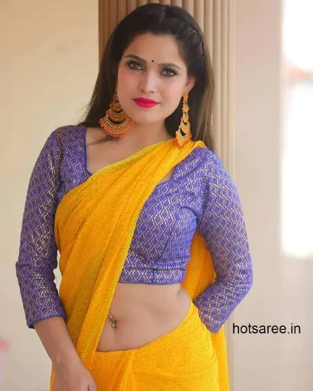 Yellow Silk Saree with Blue Blouse