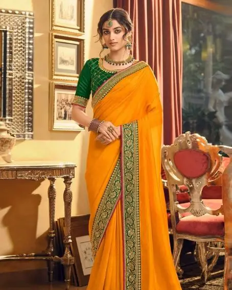 Yellow Silk Saree with Green Blouse