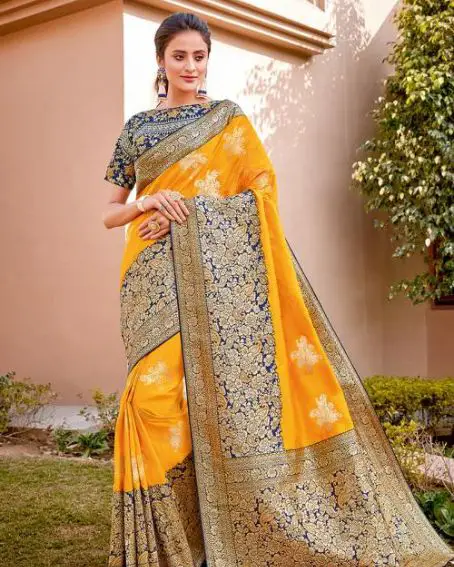 Yellow Silk Wedding Wear Designer Thread Work Saree