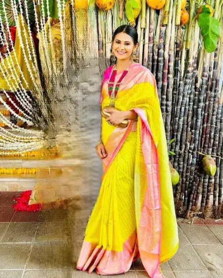 Yellow Soft Silk Saree with Pink Blouse