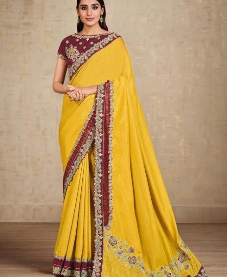 Yellow Tussar Silk Wedding Wear Multi Work Saree