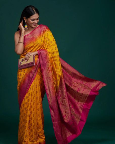 Yellow Zari Work Banarasi Saree with Pink Blouse