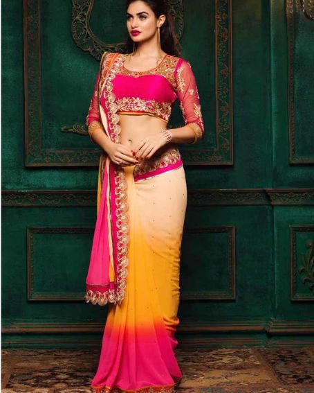 Yellow and Hot Pink Designer Saree
