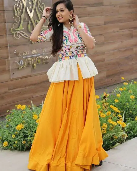 Yellow and White combinated Lehanga with Full Blouse