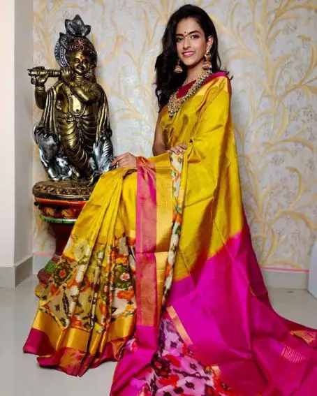 Yellow and Pink Uppada Pattu Big Pochampally Border Saree