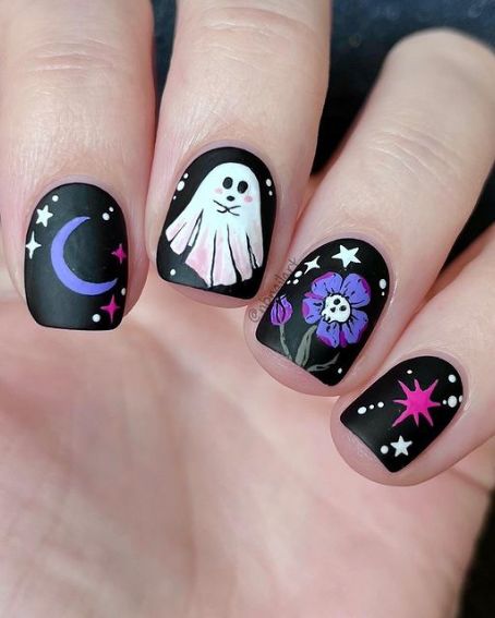 cute little ghost on a spooky night Nail Design for Halloween