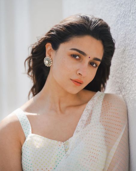 Alia Bhatt in White Saree with Gold Dots