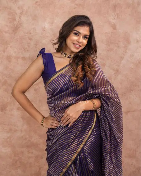 Amazing Blue Tissue Maheshwari Sico Saree With Golden Stripes