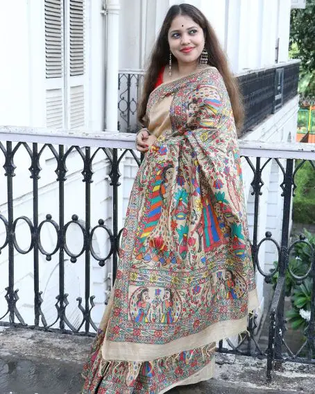 Ardhanarishwar: Madhubani Hand Painted Handloom Pure Tussar Silk Saree