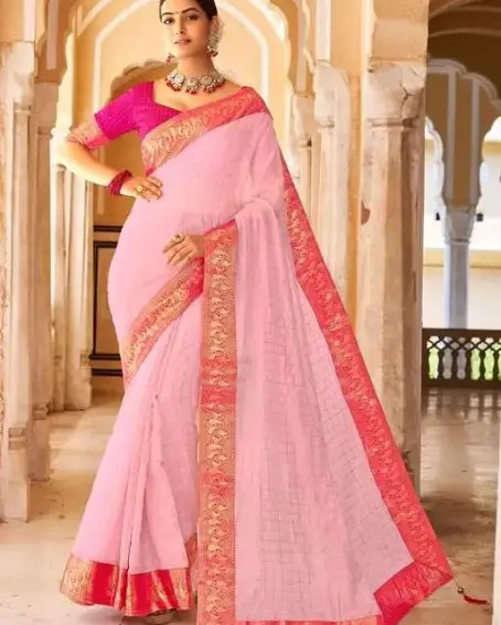 Baby Pink Designer Cotton Silk Saree With Dark Pink Blouse