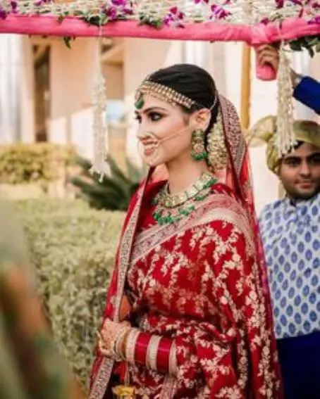 Beautiful Bride in a Red Printed Saree