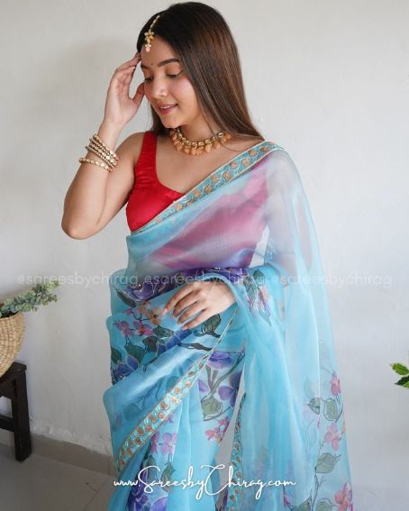 Beautiful Digital Print Saree With Handwork, Satin Benglori Blouse