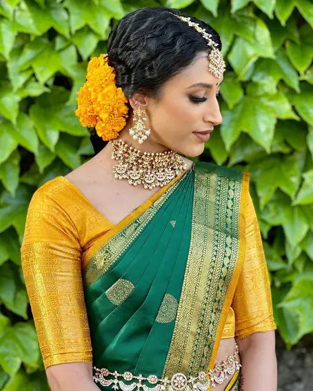 Beautiful Emerald Green And Mustard Yellow Wedding Saree