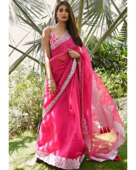 Beautiful Pink Organza Silk Embroidery Work Saree With Blouse