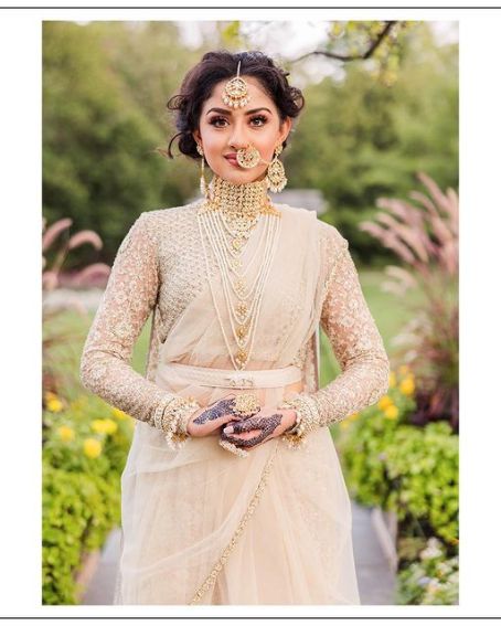 Beige Color Wedding Reception Look Saree