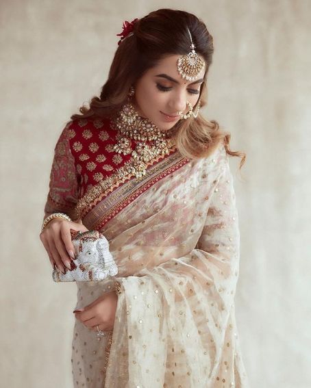 Beige Saree With Maroon Wedding Blouse Design