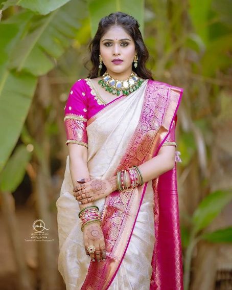 Beige Saree With Pink Wedding Blouse Design