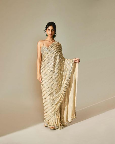 Beige Sequins Saree with Sleeveless Blouse