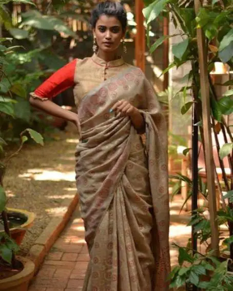 Beige Soft Linen Saree with Maroon and Gold Block Print