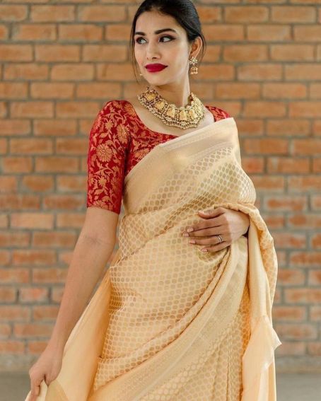 Beige Traditional Saree For Pooja With Red Benarasi Blouse