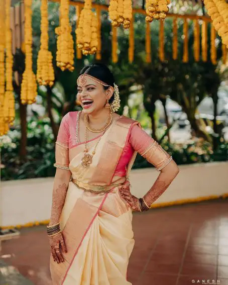 Beige Wedding Saree with Peach Blouse