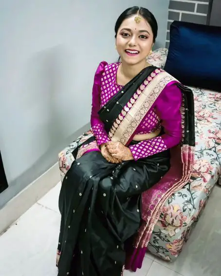 Black Designer Saree with Pink Full Sleeve Blouse Design