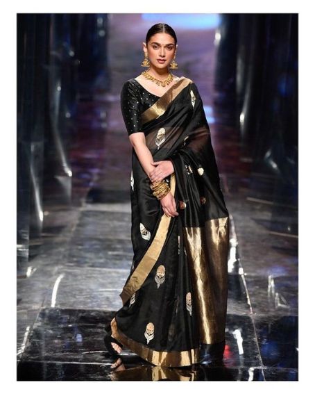 Black Fancy Saree With Gold Buta Blouse