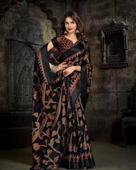 Black & Red Floral Printed Pure Linen Jamdani Saree