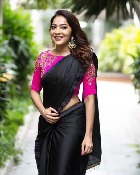 Black Saree with Gathers Border with Pink Blouse