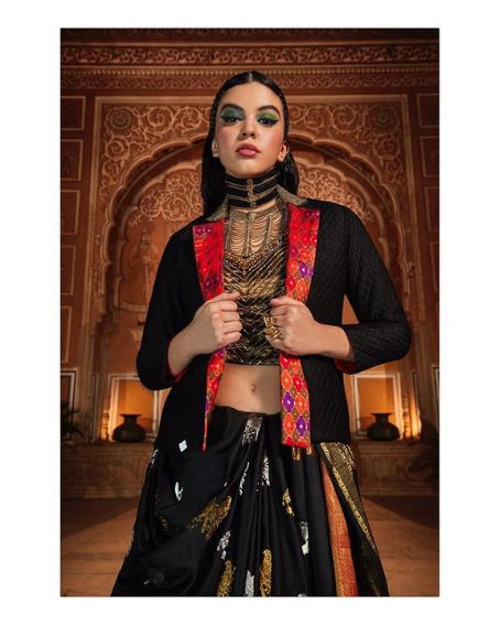 Black Saree with Red Border Jacket