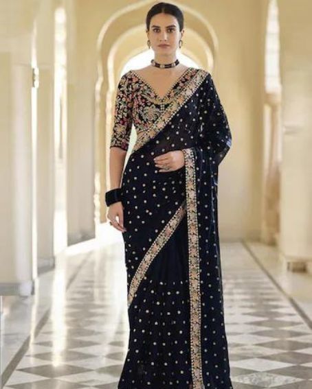 Black Silk Embroidered Saree with Matching Blouse