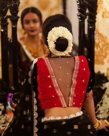 Black Silk Lace Cut Work Saree With Velvet Red Blouse Design