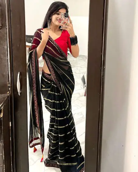 Black Stripes Saree With Red Plain Blouse