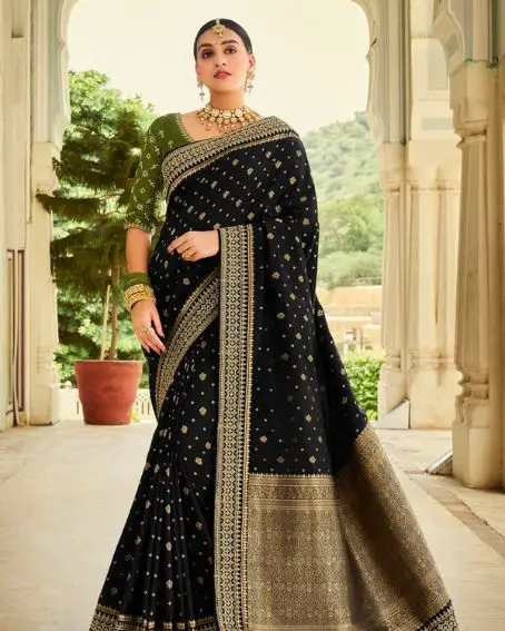 Black Woven Banarasi Designer Silk Saree With Contrast Blouse