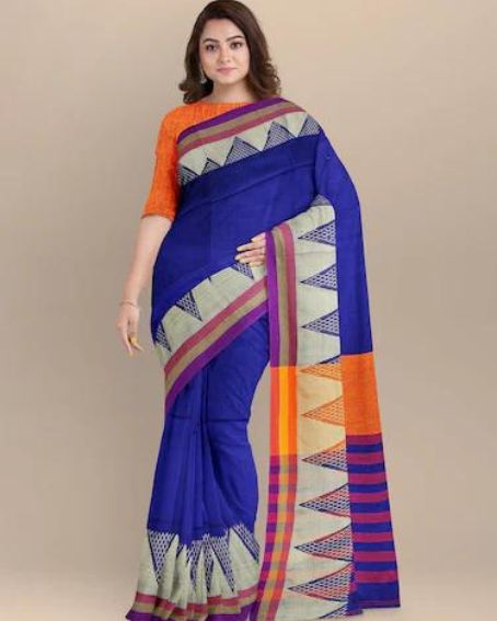 Blue Cotton Blend Narayanpet Saree with Blouse