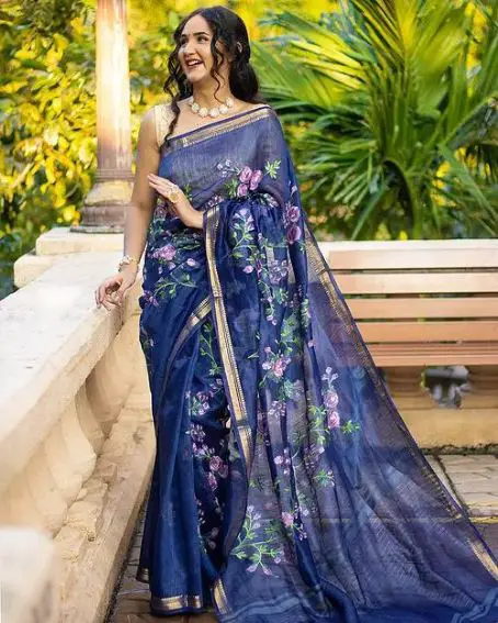 Blue Embroidered Silk Linen Saree With Sleeveless Gold Blouse