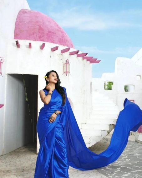 Blue Long Saree For Pre Wedding, Saree Length